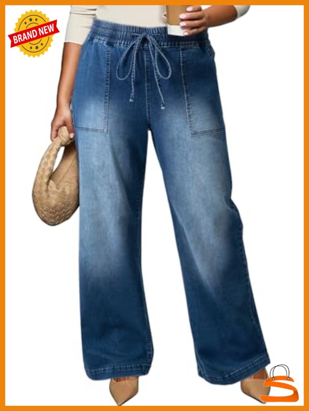 Plus Size High Waisted Straight Leg Jeans with Drawstring Stretchy Denim